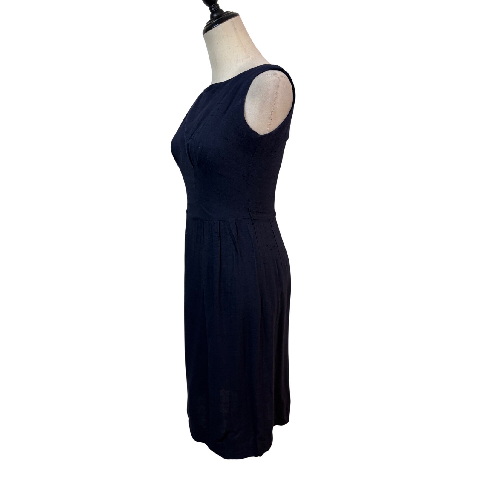Vintage Kay Juniors Navy Blue Silk Slub Sheath Dress Sleeveless Mid Century 50s