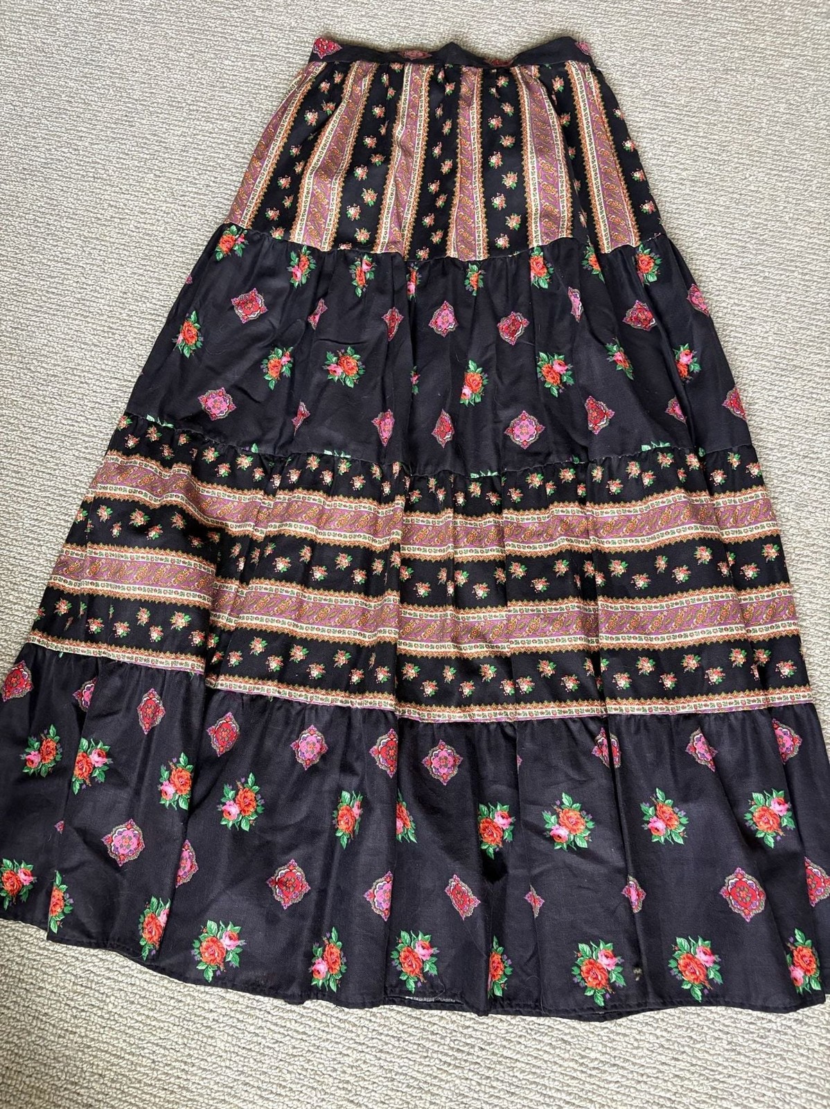 Vintage 1970’s Kelita Black Floral and Paisley Tiered Maxi Skirt Sz 13