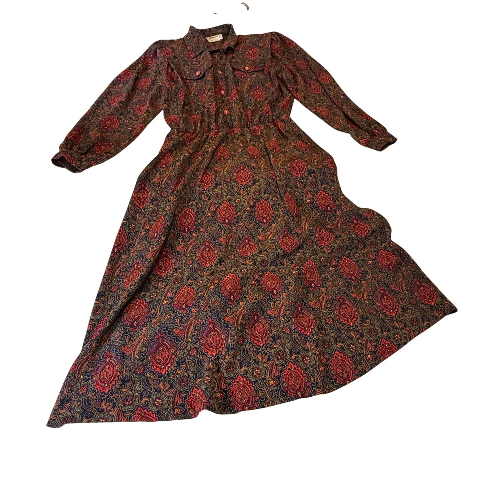 Vintage 70s Paisley Midi Dress Size 16 Made in Canada Boho Long Sleeve
