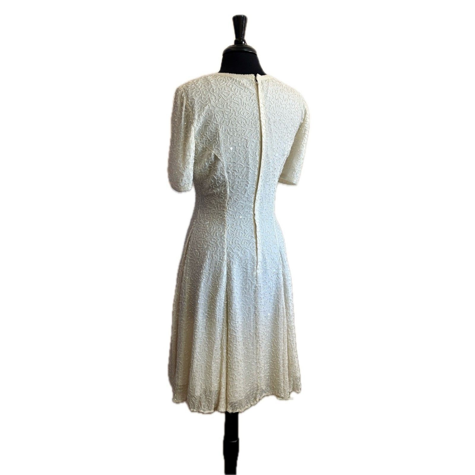 80s Vintage White Beaded A-Line Cocktail Dress Wedding Large