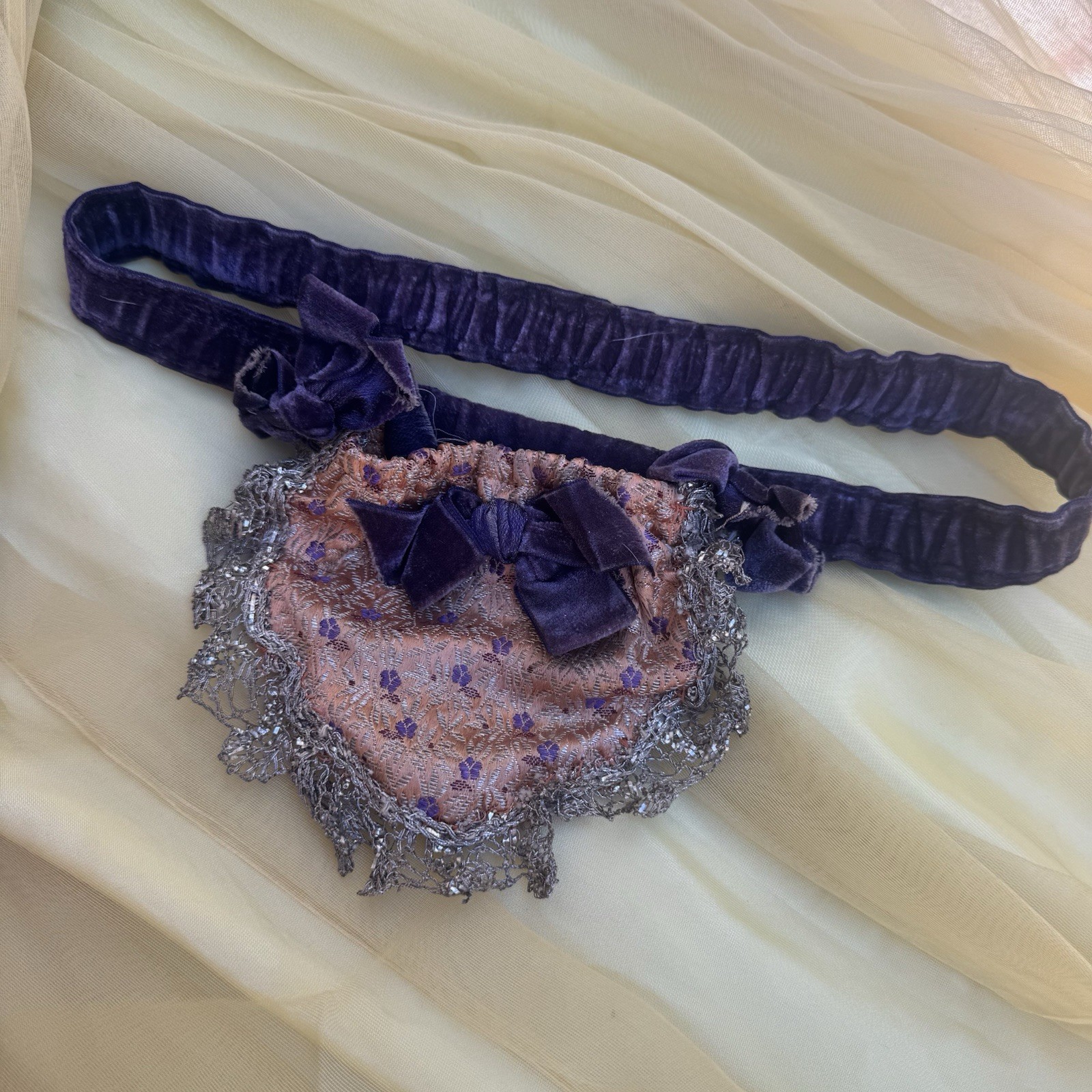 Antique 19th C Purple Lamé Garter Velvet Bow Orange Lingerie Secret Pouch VTG
