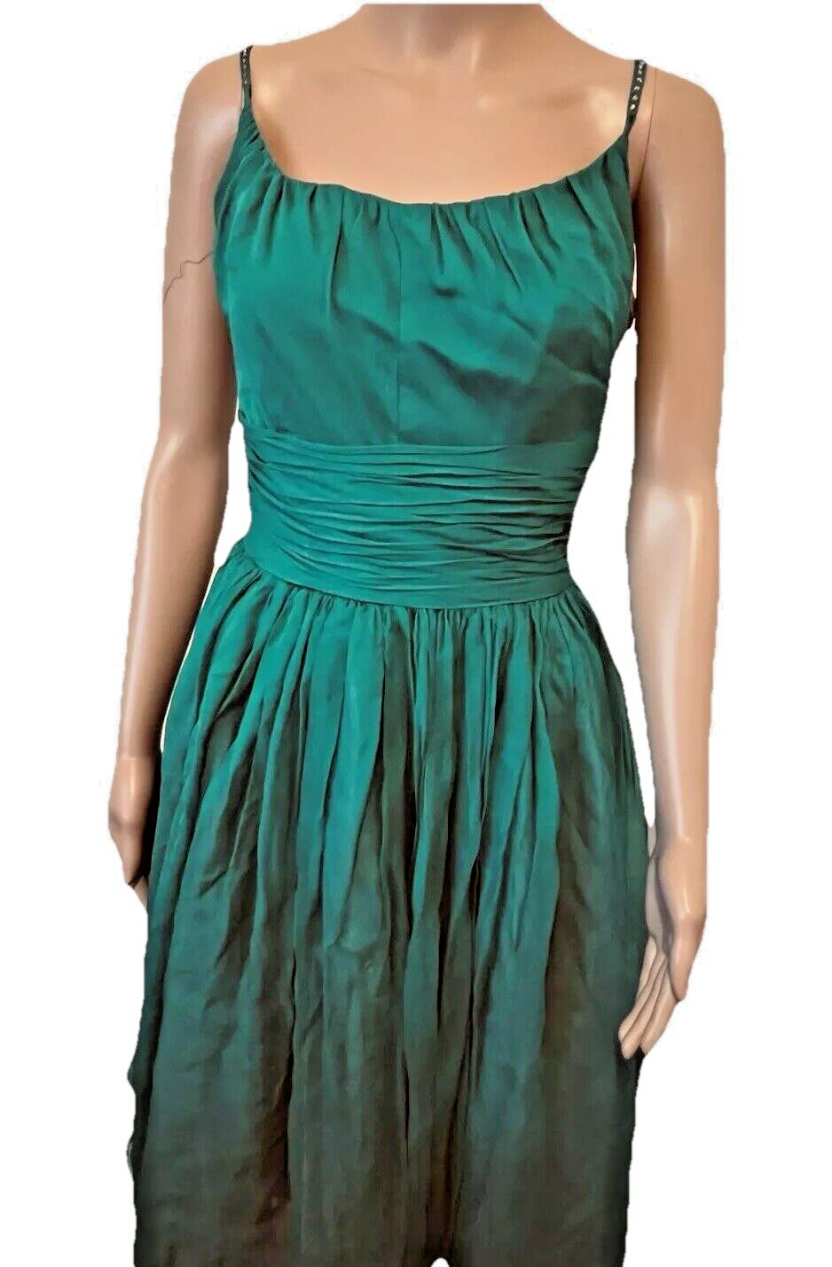 VTG 50s Emerald Green Cocktail Dress Bains Las Vegas Rhinestone Spaghetti Straps