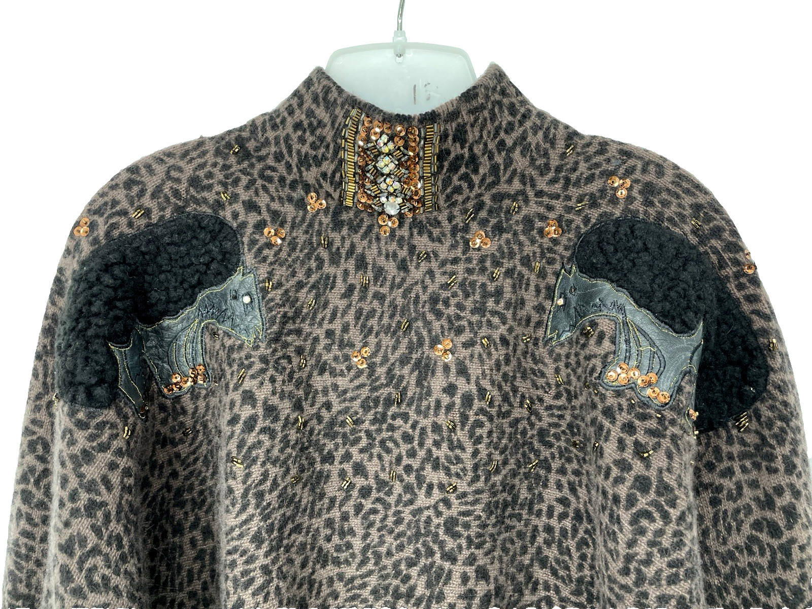 VTG Epic 90s NOSWT Wool Angora Leather Streetwear Statement Beaded Sweater md/l