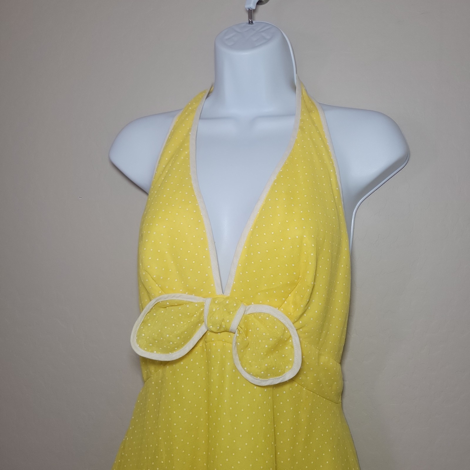 Vintage 1960’s Miss Elliette Yellow Halter Maxi Dress Sz 8 Bow Accent Piping