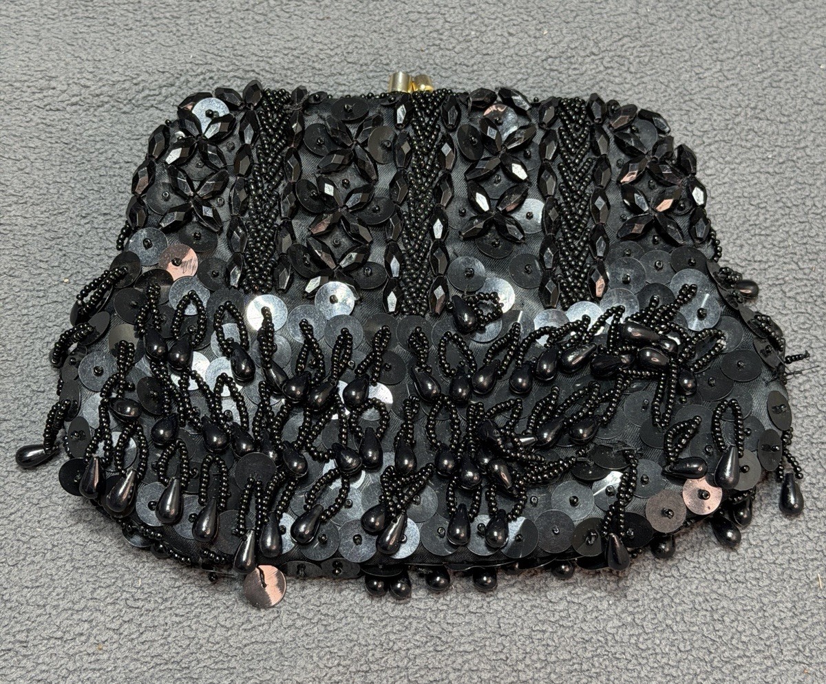 Vintage JEM Sequin Beaded Clutch Purse Black Evening Handbag Snap Hong Kong