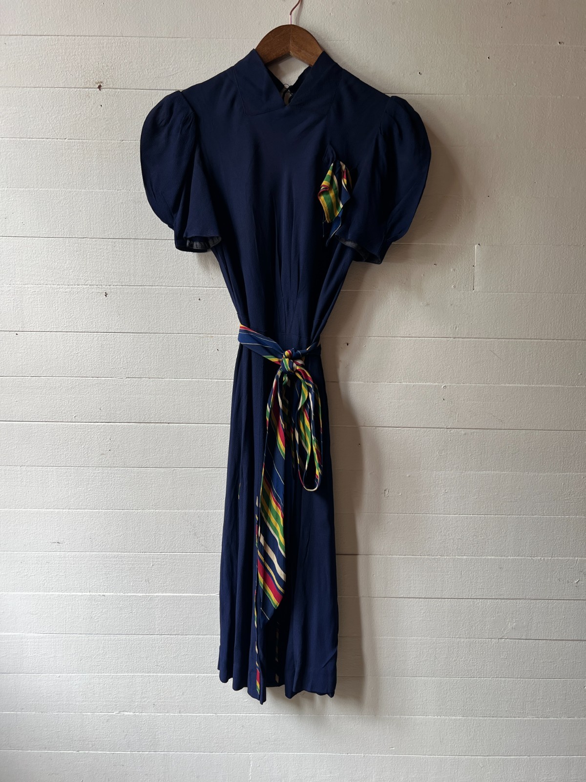 Vintage 1940s Blue Dress Striped Accents AS IS – 34x28x43 AR FL