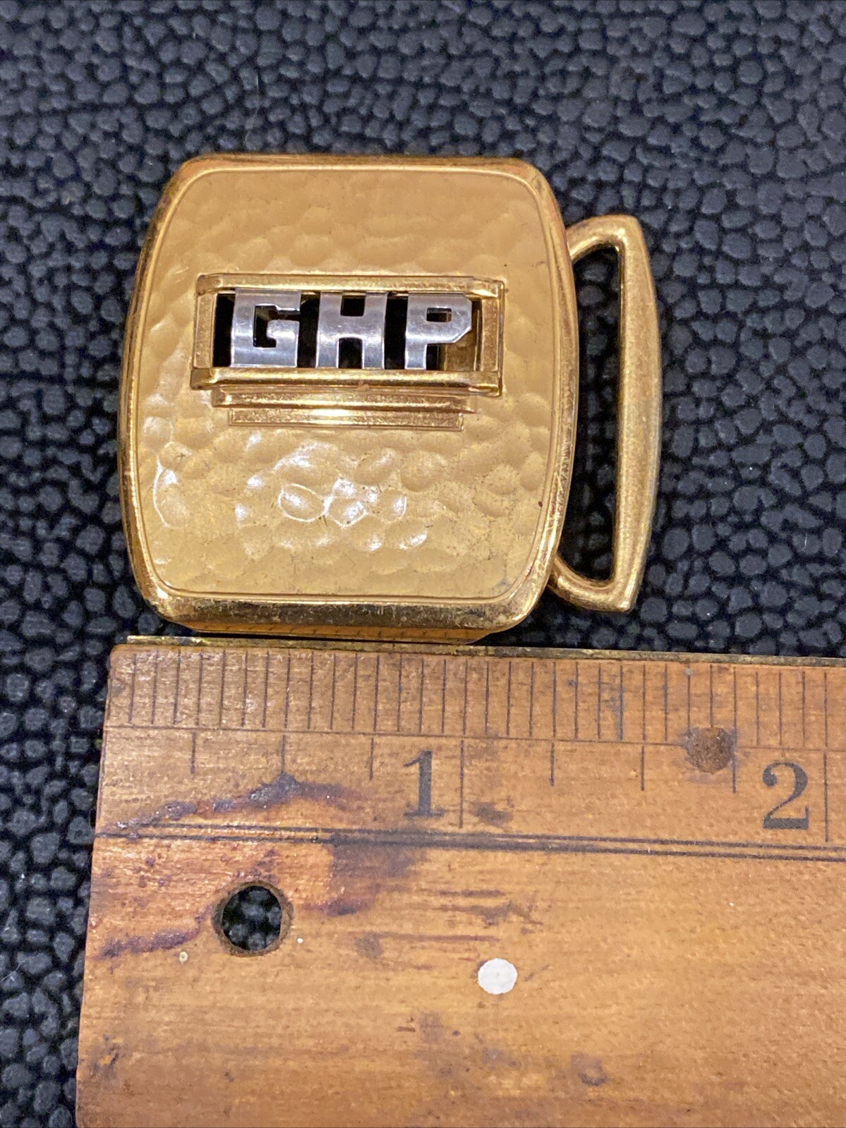 Vtg Art Deco Swank deluxe gold plate retro belt buckle Hammered Bronze GHP Mono
