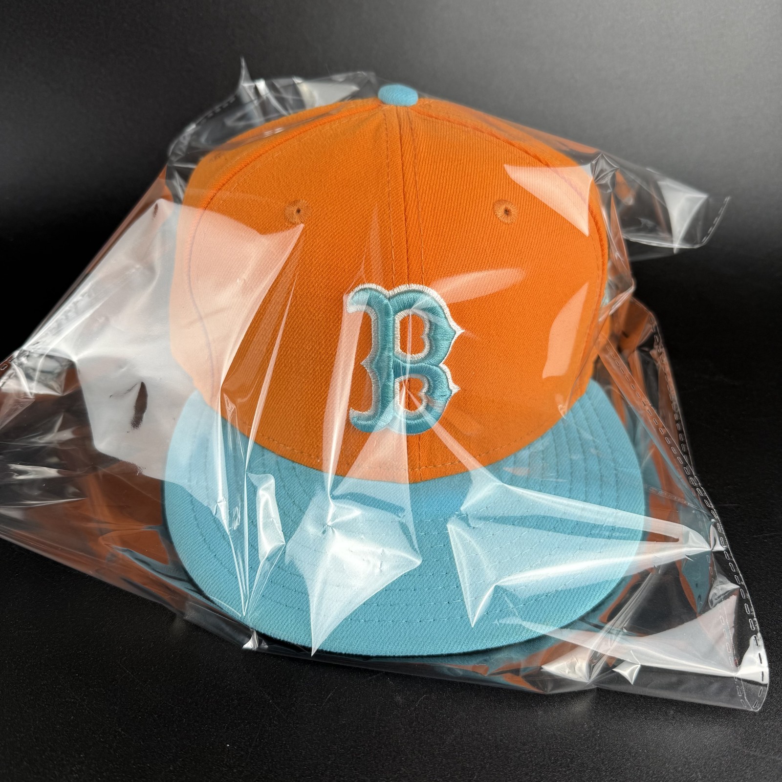 New Era 59FIFTY Boston B MLB Fitted Hat Cap Orange Teal Size 7 5/8 60.6cm