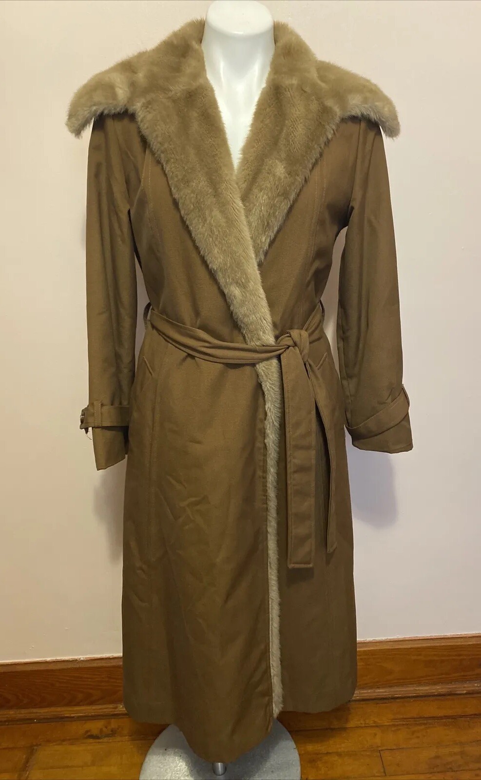 Rare VTG Frankie Welch Virginia Brown Fur Lined Belted Mob Wife Trench Coat M
