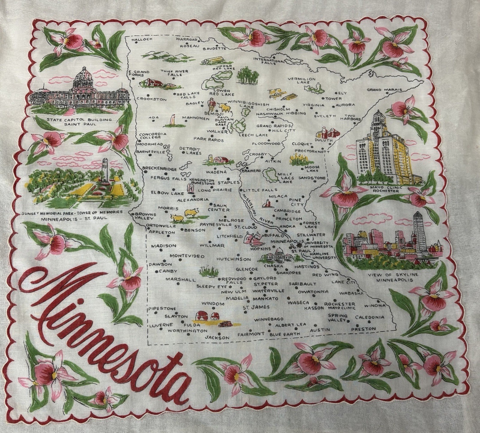 Vintage Minnesota State Hanky In Reds Excellent Approx 13-1/2 Square”