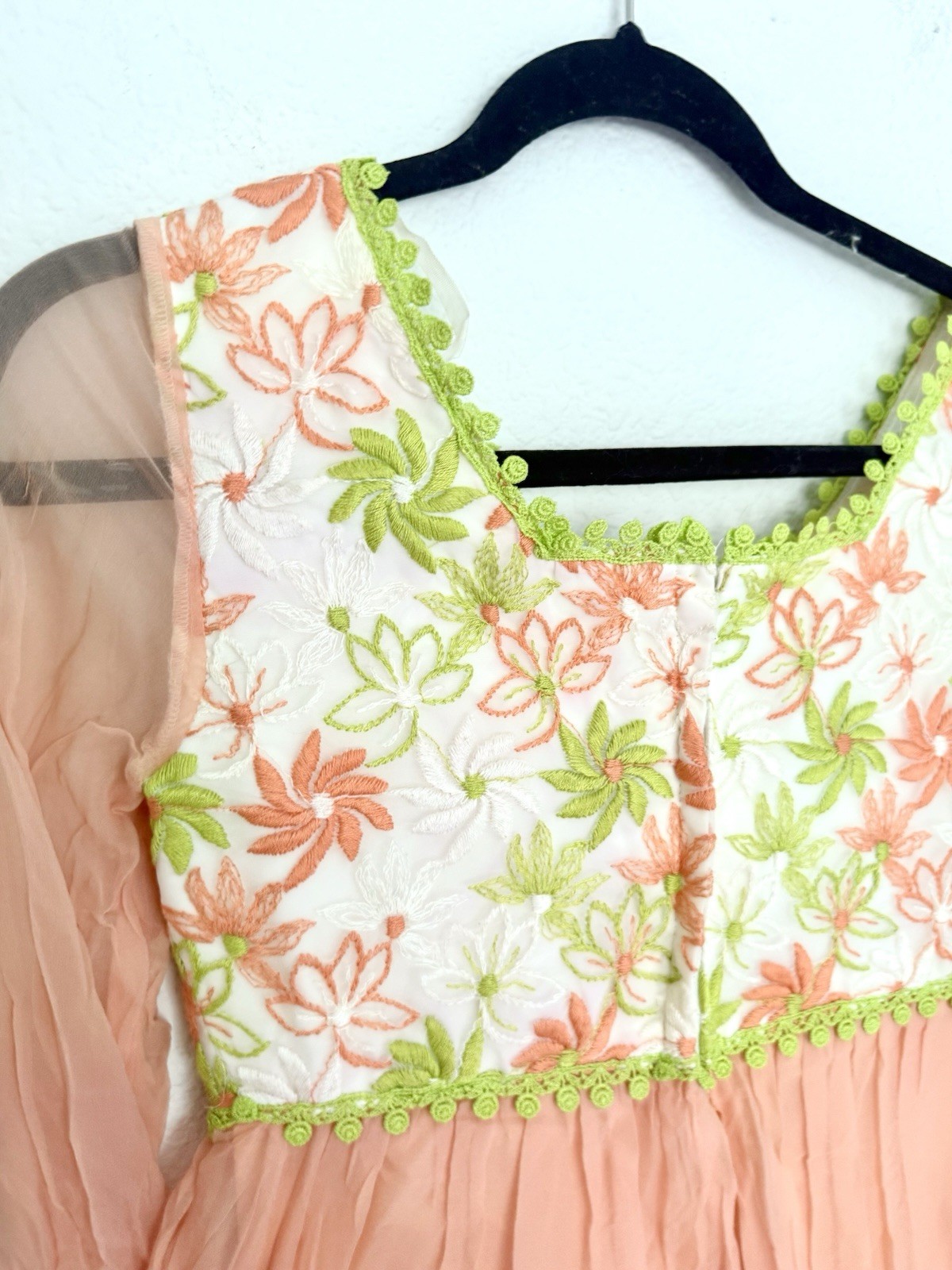 Vintage 60s Dress Embroidered Floral Chiffon Union Made Lace Up Bodice Boho READ