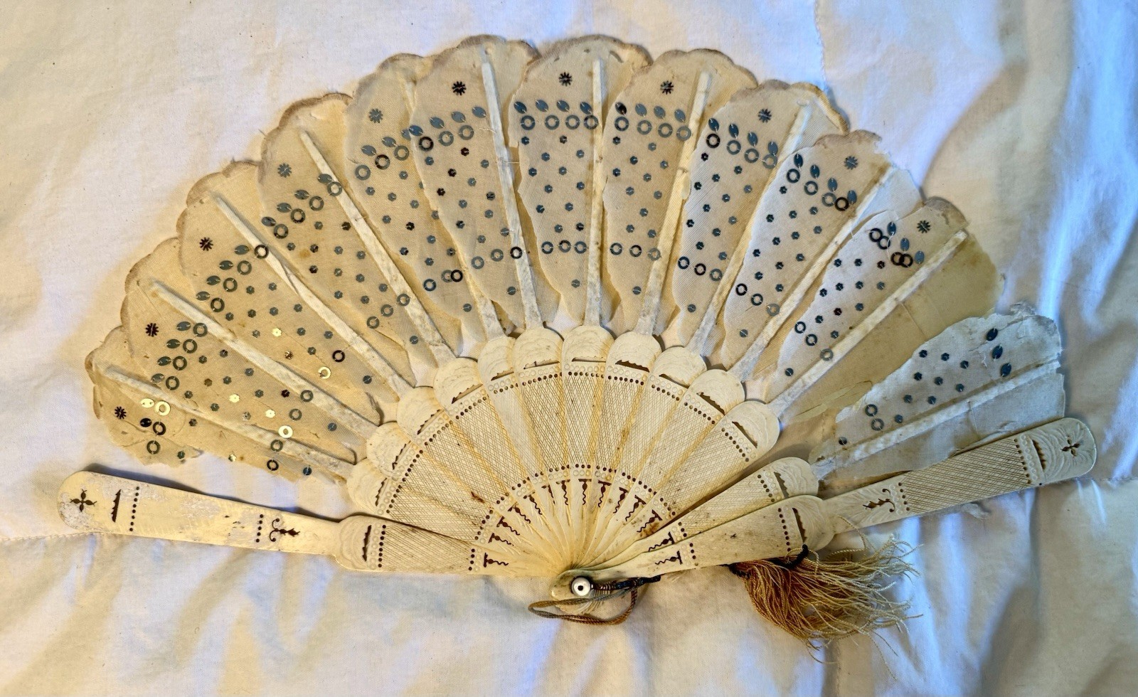Antique Victorian Era Fan From 1890-1910 Constructed Bone And Silk Tassels AS IS