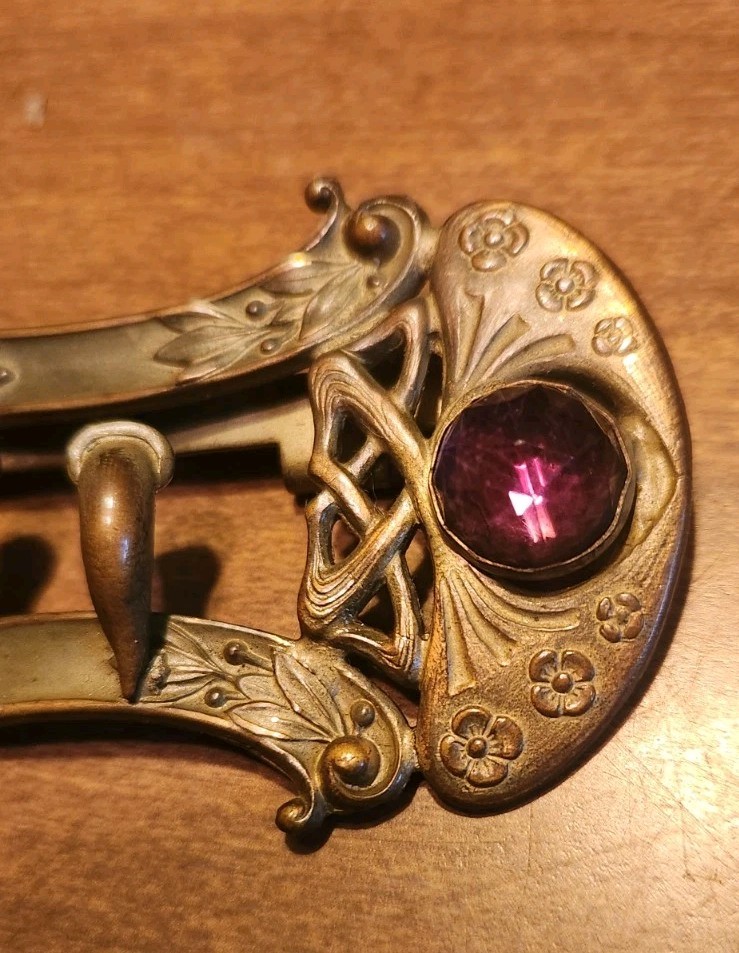 Antique Gold Tone Art Nouveau Belt Buckle w/ Purple Stones