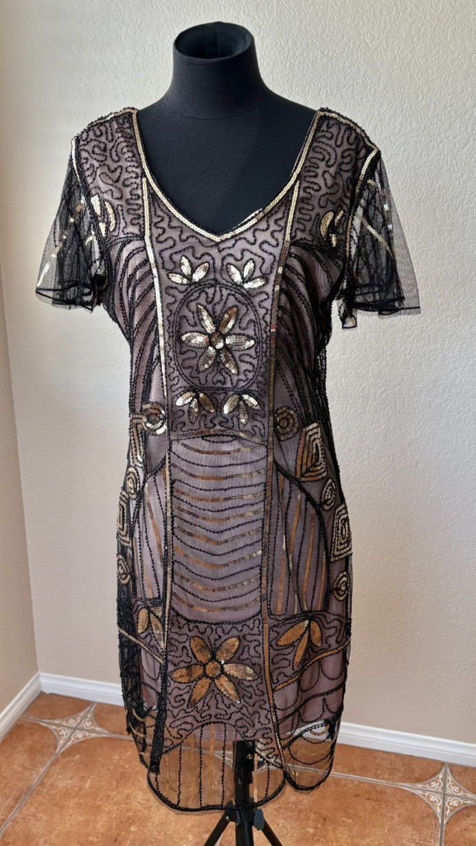 1920s Flapper Beaded Sequin Dress Art Deco Great Gatsby / Party / Event XL
