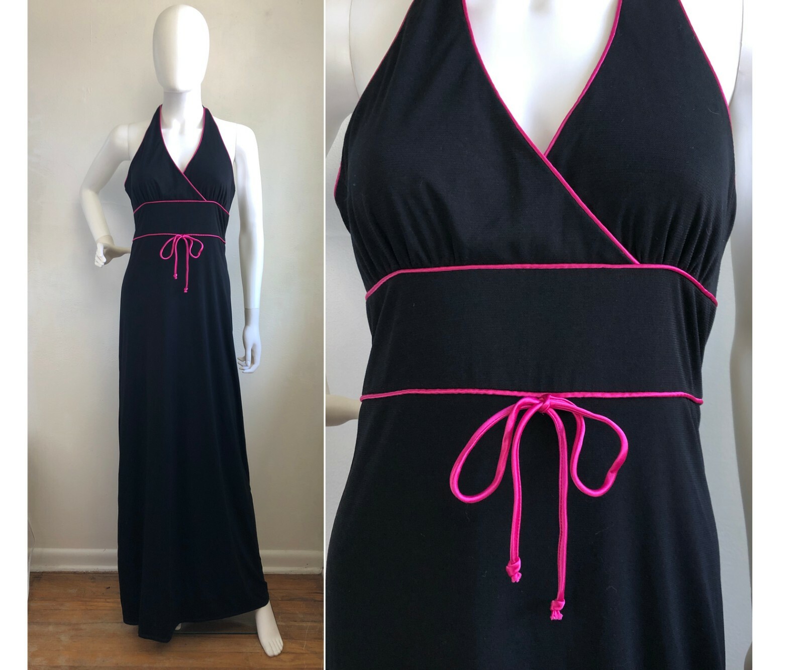 Vintage Dress 1990s Halter Maxi Long Fine Soft Knit Black Pink Patio Size Small