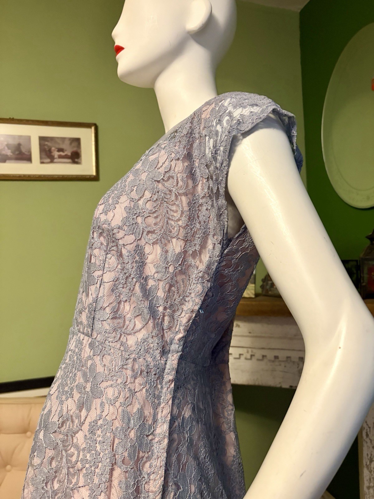 Vtg 1940s 1950s Taffeta Lace Netting Rhinestone Ice Blue Party Dress L XL 42