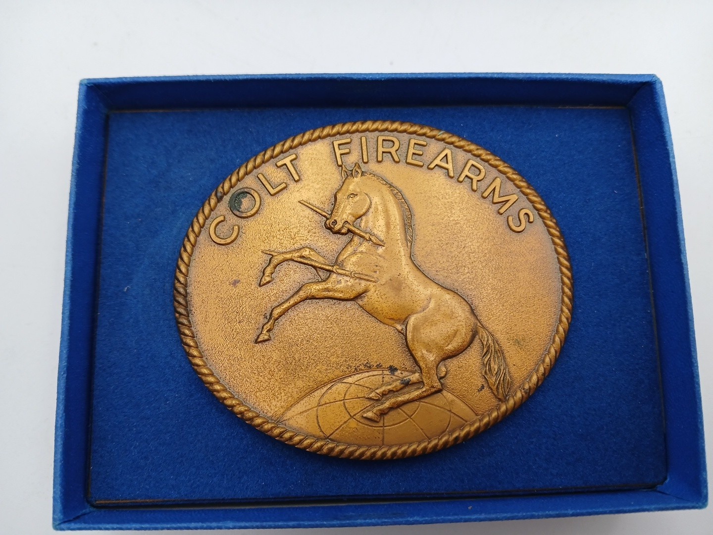 Vintage Medium Oval Colt Firearms Brass Belt Buckle Rearing Horse Sam Colt