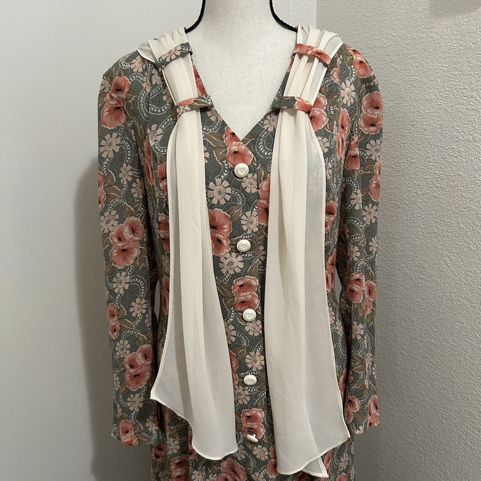 Vintage Leslie Fay Midi Dress Sz6 Floral Cottagecore Secret Garden Chiffon Scarf