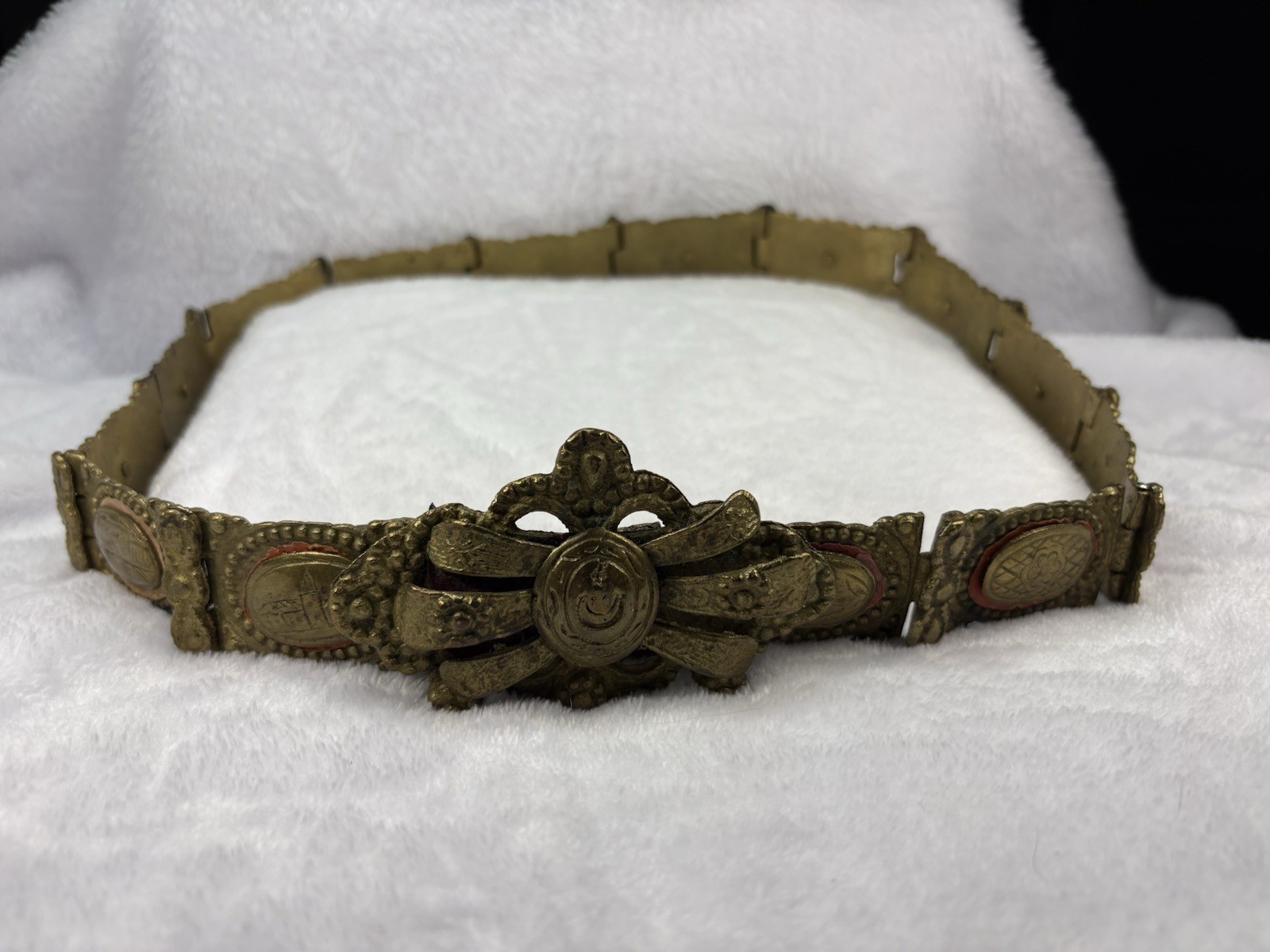 19th C Ottoman Empire Heavy Brass Belt Red Enamel Turkish Balkan Folk Art 35in