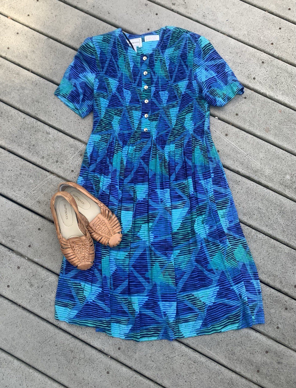 Vintage 90s Short Sleeve Geometric Print Babydoll Midi Dress