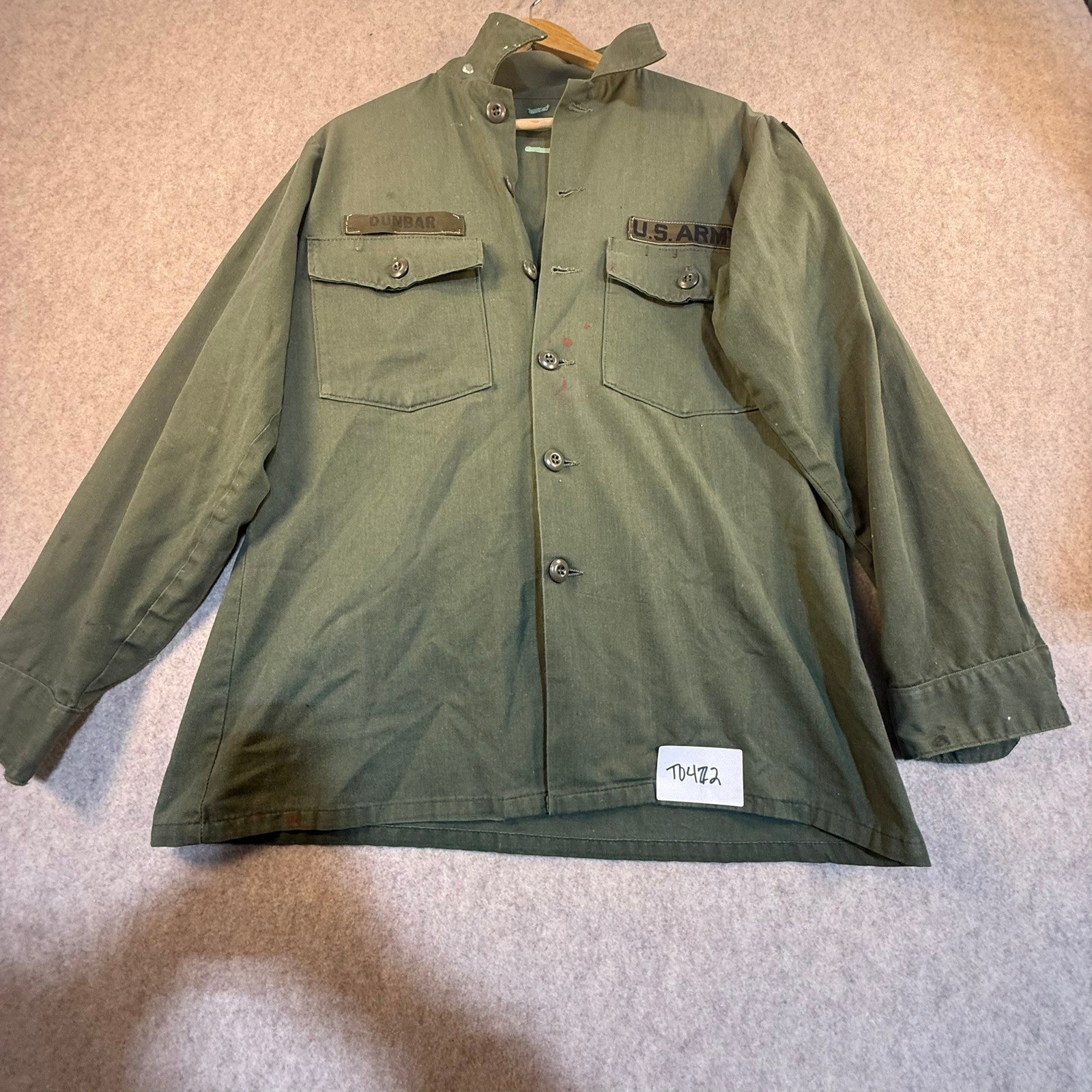 Vintage US Army OG-107 Sateen Utility Shirt Dunbar Name Tape Green Field Jacket