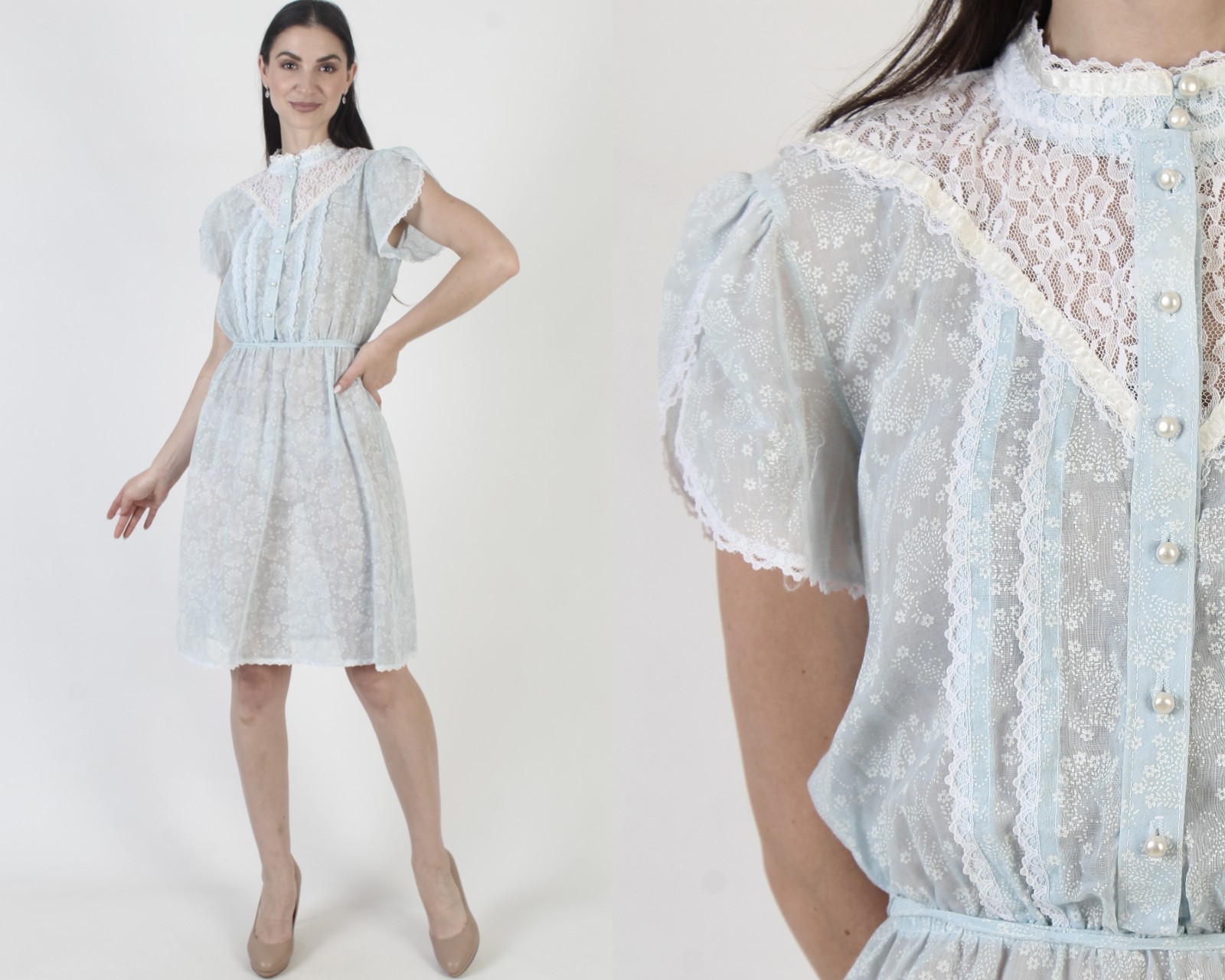 Vtg Wht Floral Lace Dress Prairie Blue Prairie Belted Cottage Split Slv Sundress