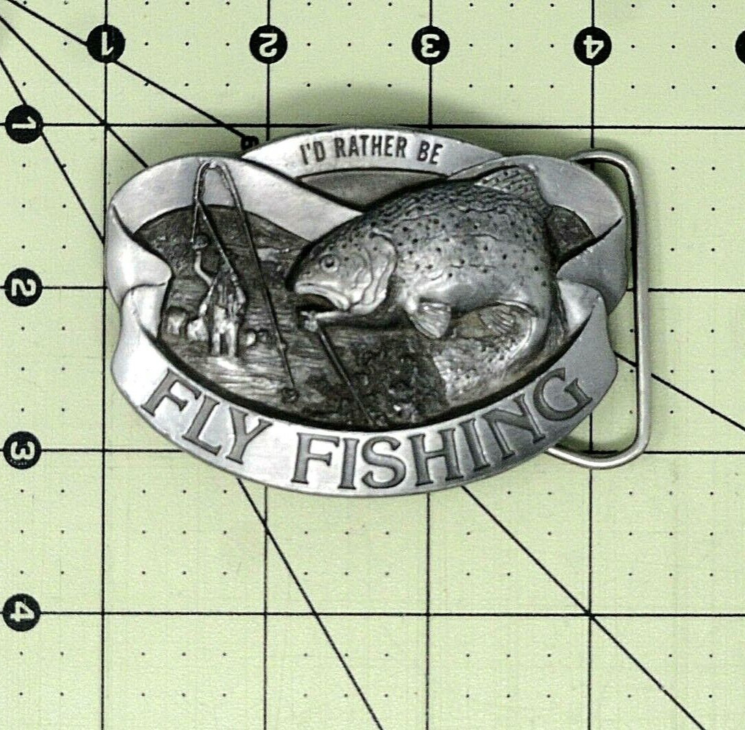 Id Rather Be Fly Fishing Belt Buckle Fisherman Trout Vtg 90s BOA USA .DBD229