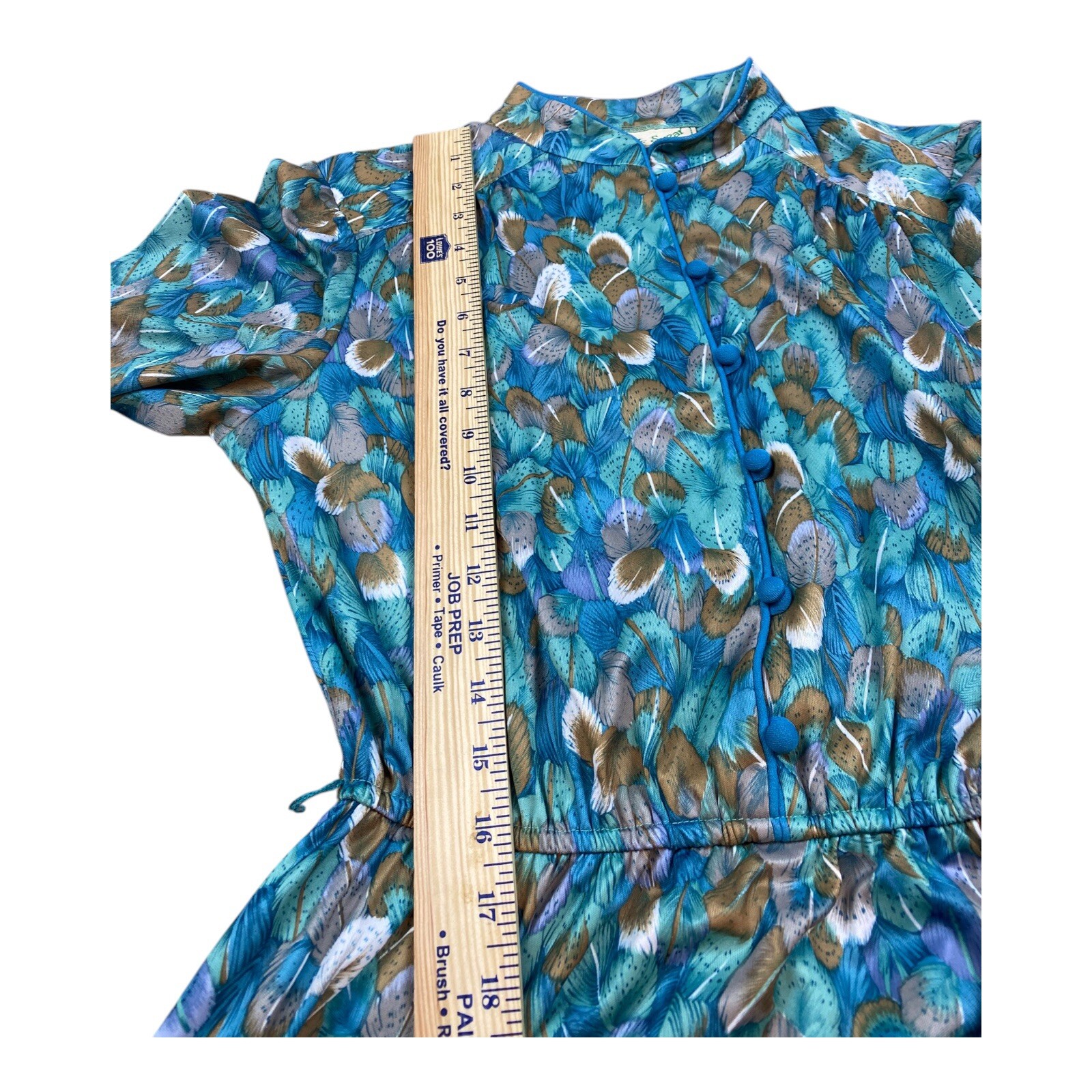 Vintage 1970s Long Sleeve Feathers Dress High Neck Cinched Waist Full Skirt Boho