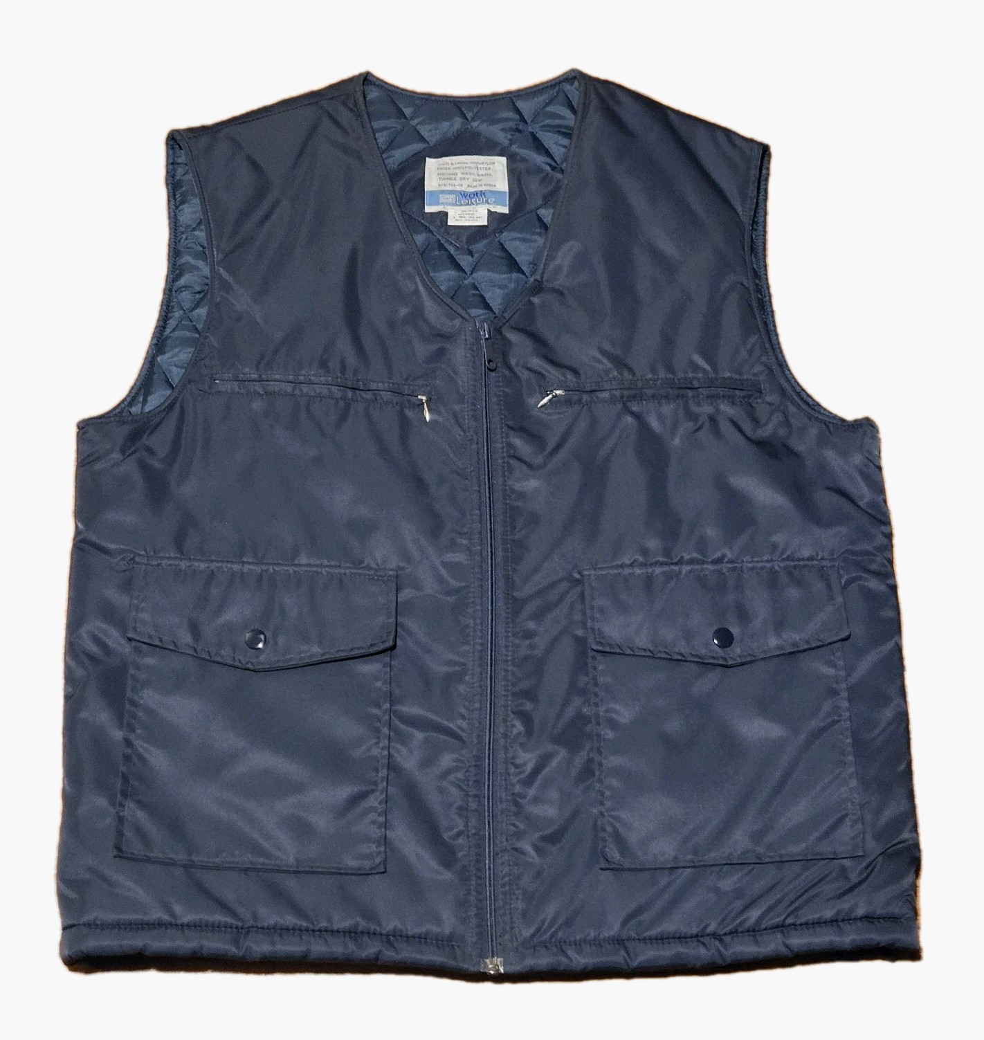 Sears Work Leisure Quilted Vest Navy Blue Full Zip Pocket Nylon Polyester VTG