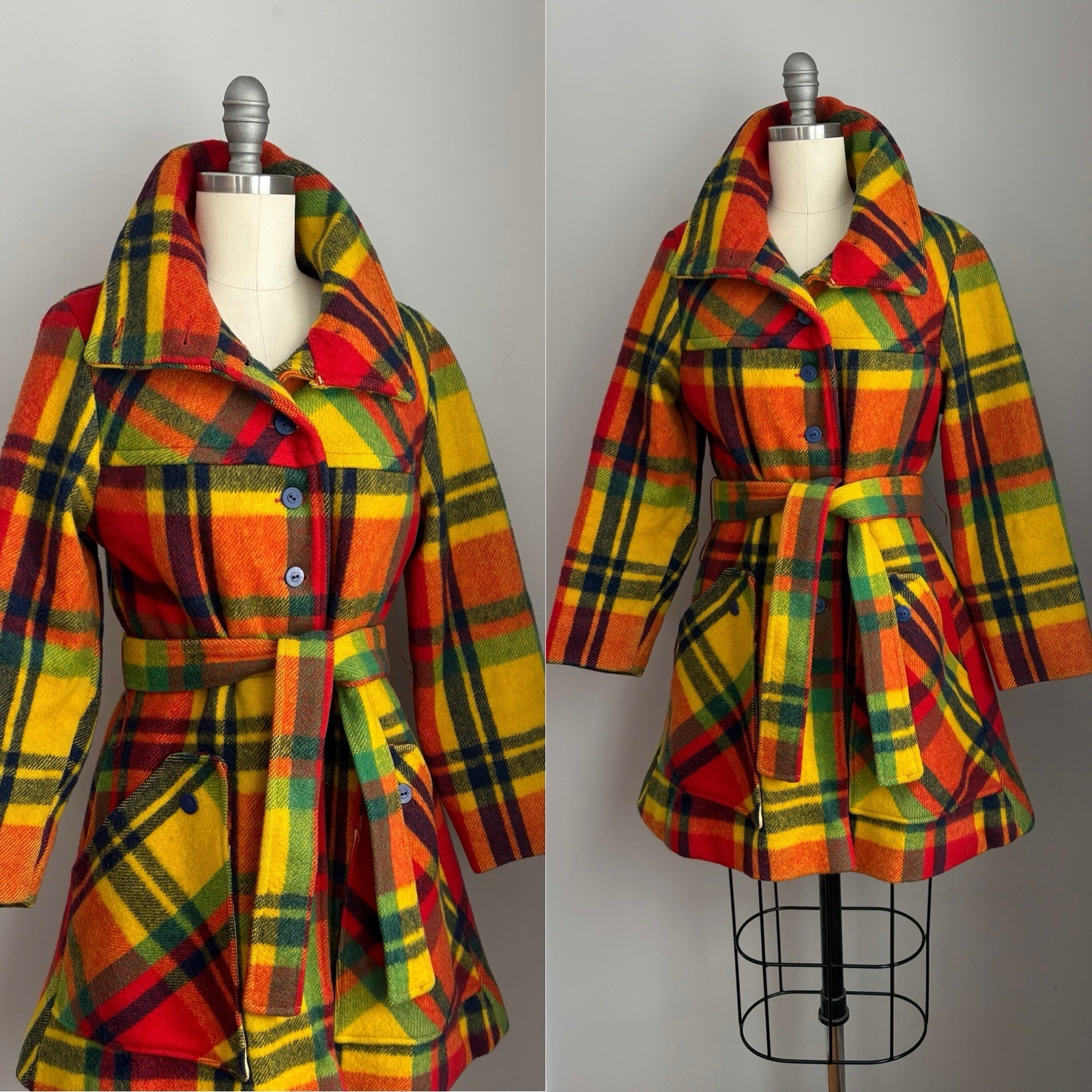 Vintage 1970’s Rainbow Plaid Belted Wool Coat w/ pockets Size XS