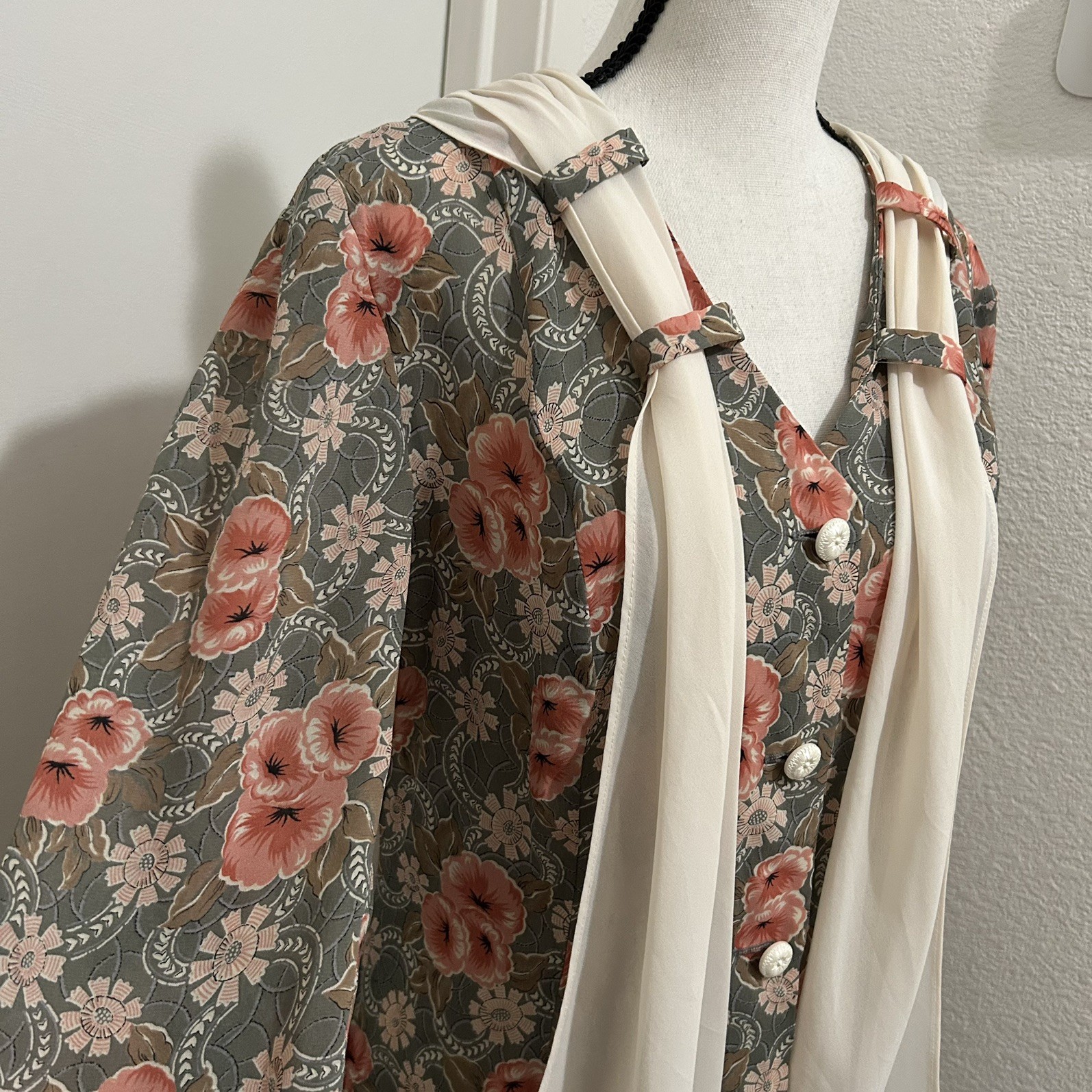 Vintage Leslie Fay Midi Dress Sz6 Floral Cottagecore Secret Garden Chiffon Scarf