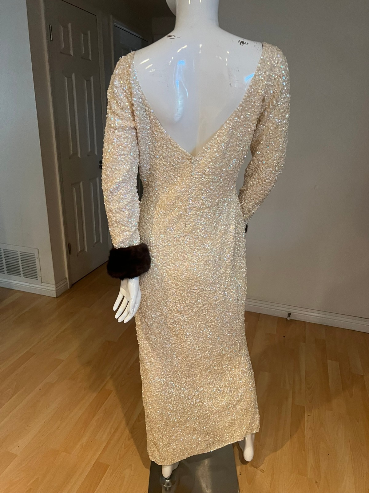 50’S VINTAGE GENE SHELLY’S BOUTIQUE SEQUIN MINK TRIM GOWN SIZE 14