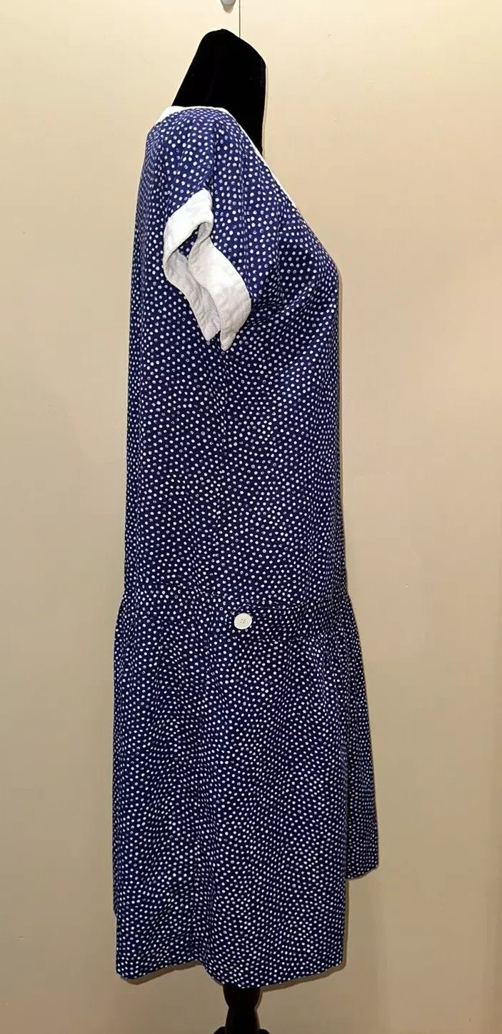 Vintage 1960s Mothers Work Maternity Dress Blue Polka Dot Drop Waist s114