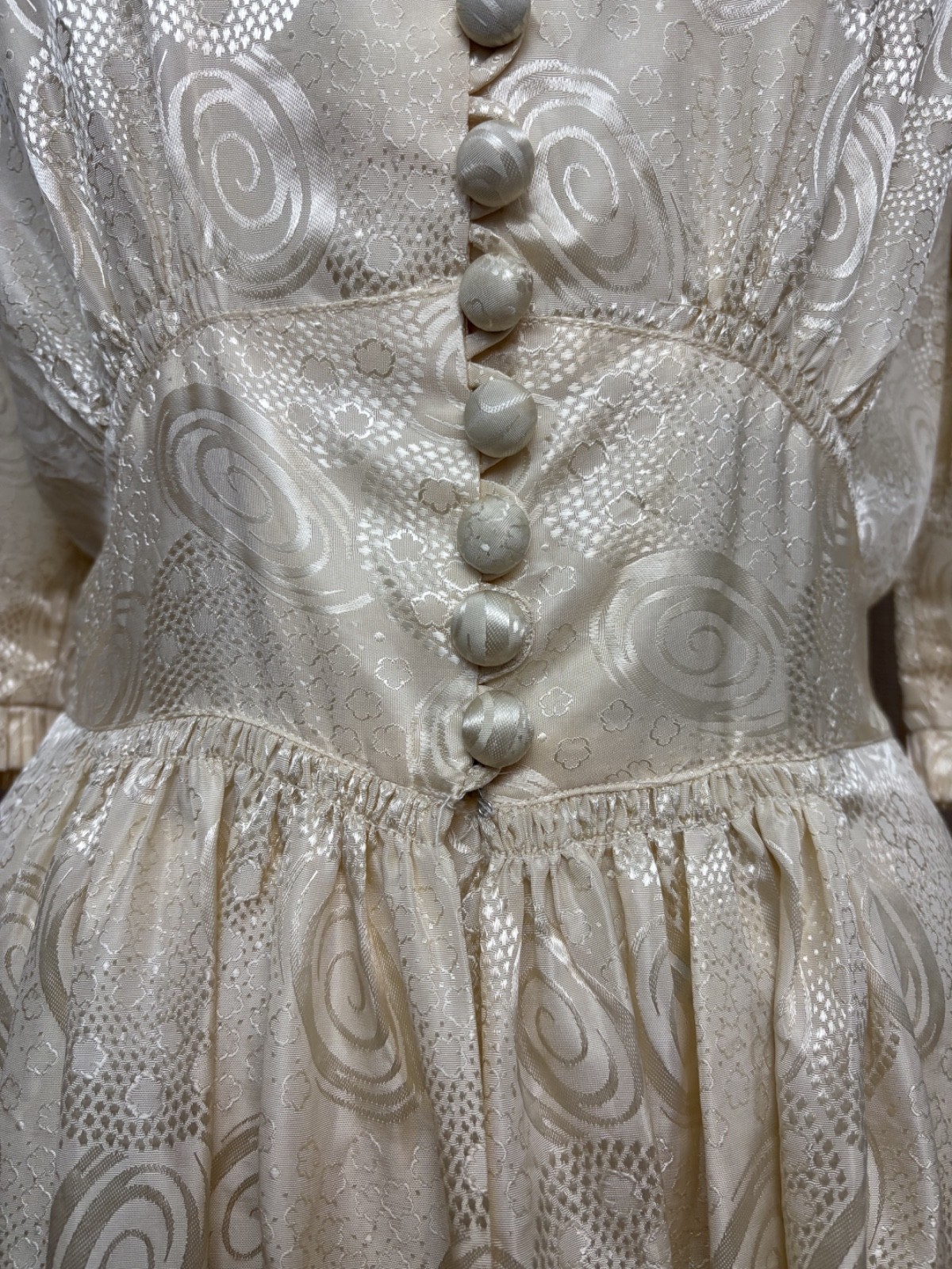 1940s Flobert Hostess Gown Maxi Dress Rayon Damask Ecru Taffeta Old Hollywood M