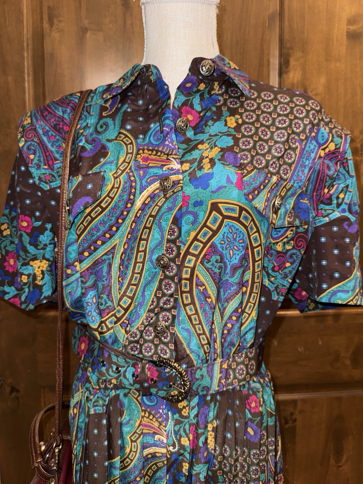 Vintage Leslie Fay Belted Midi Secretary Dress Size 18 Pleaded Purple Blue NWT