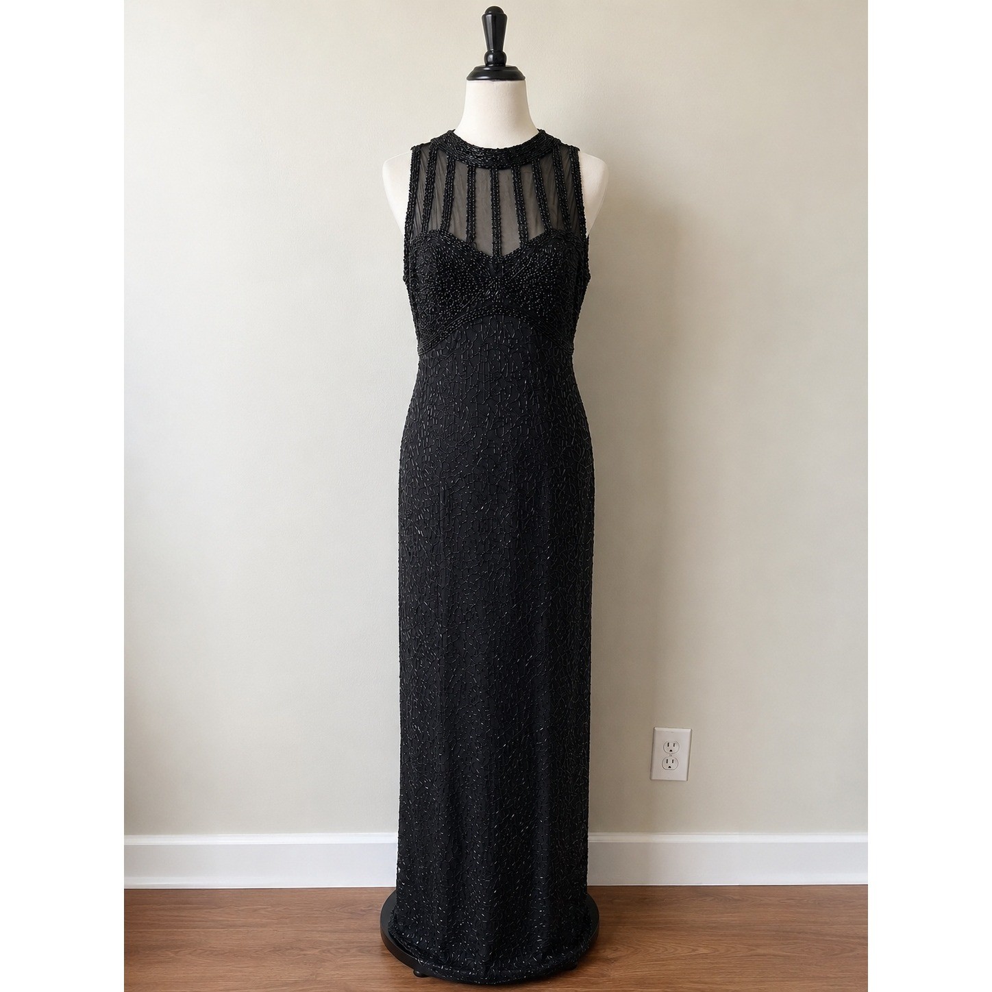 Stenay Vintage Black Silk Beaded Illusion Gown Formal Maxi Dress Womens 10