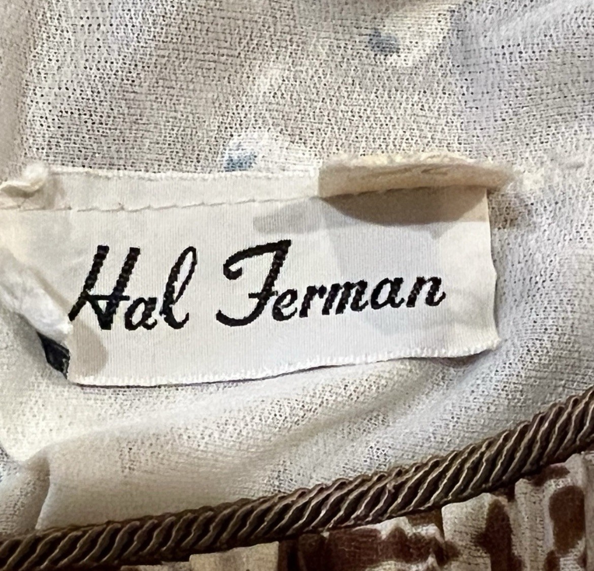 Vintage Hal Ferman Elegant Cream Brown Floral Dress Union Made SZ 8 Fits a Small