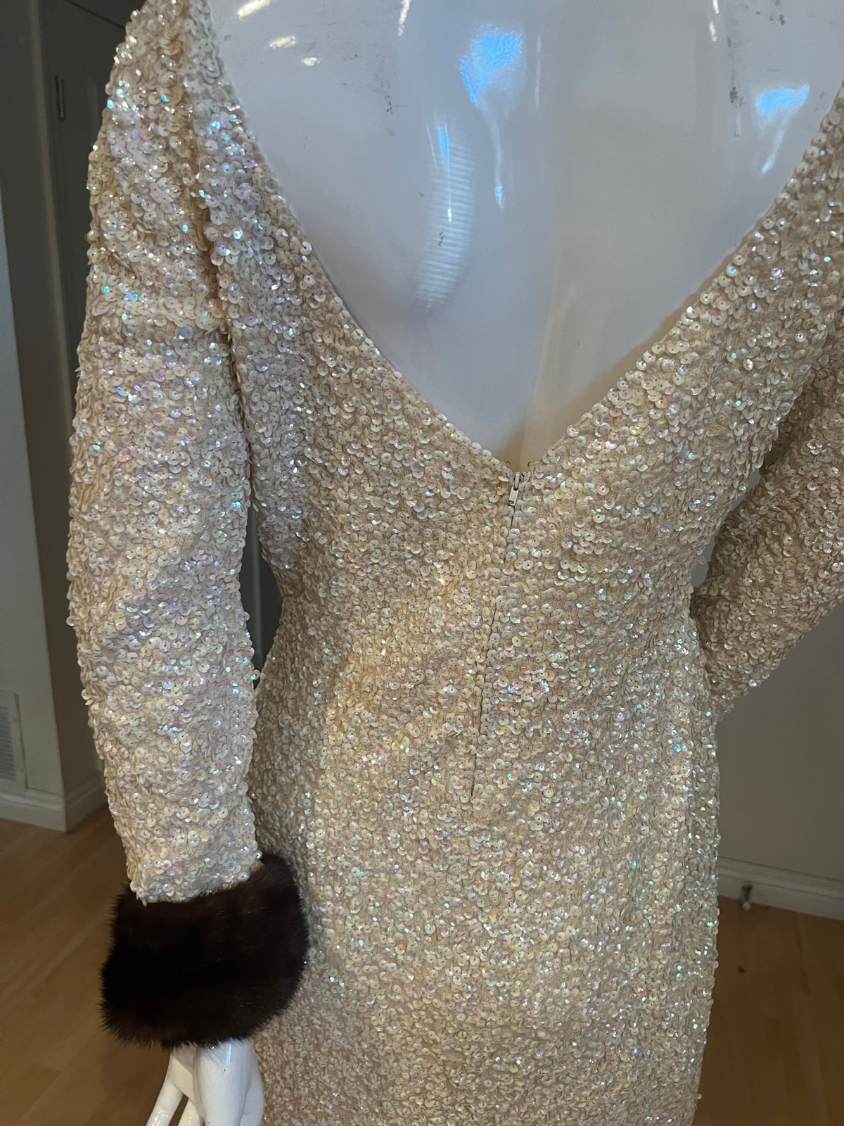 50’S VINTAGE GENE SHELLY’S BOUTIQUE SEQUIN MINK TRIM GOWN SIZE 14