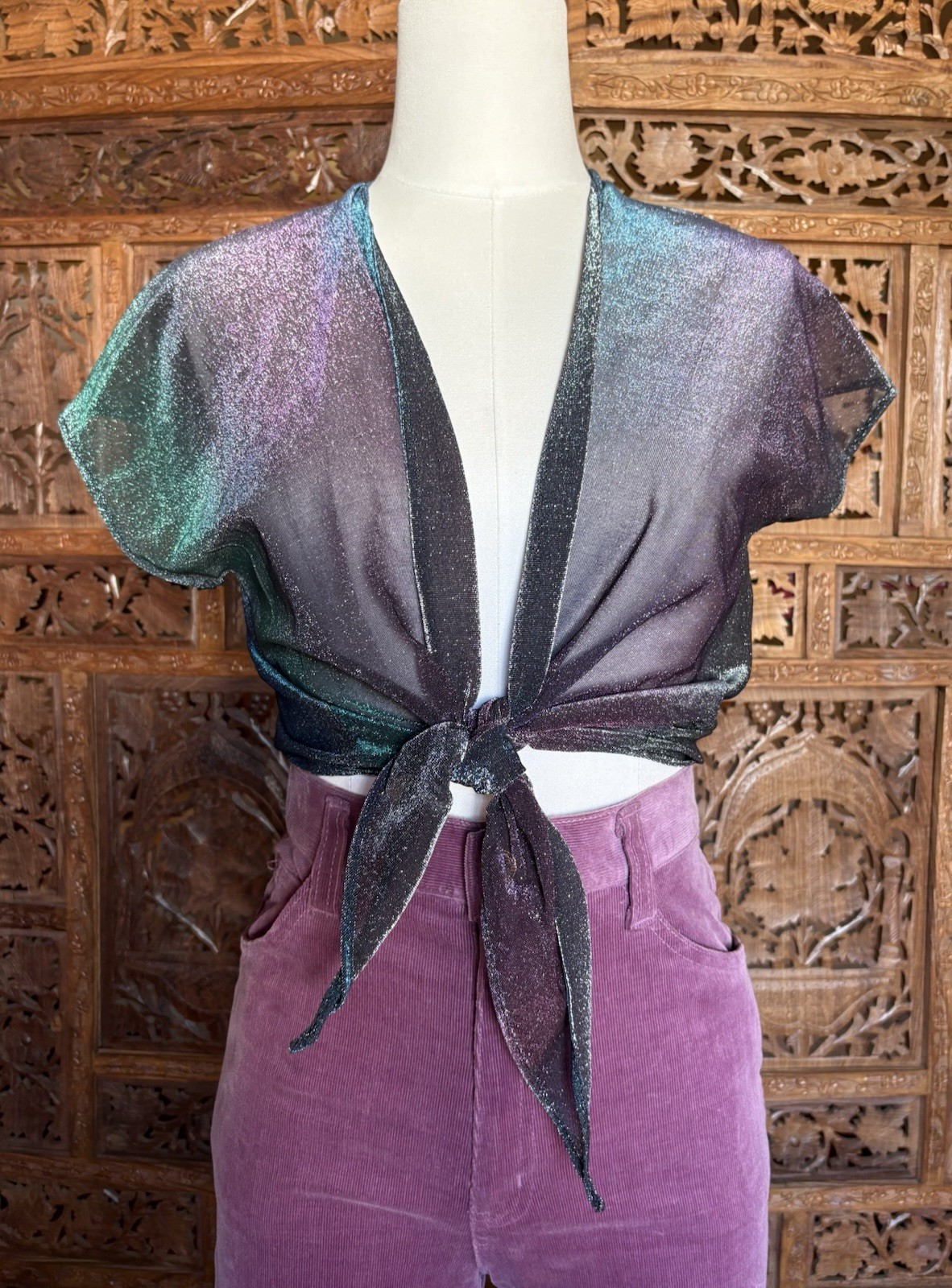 Vintage 70s Wrap Top Disco Silver Metallic Crop Top Sheer Purple Sparkle Shirt