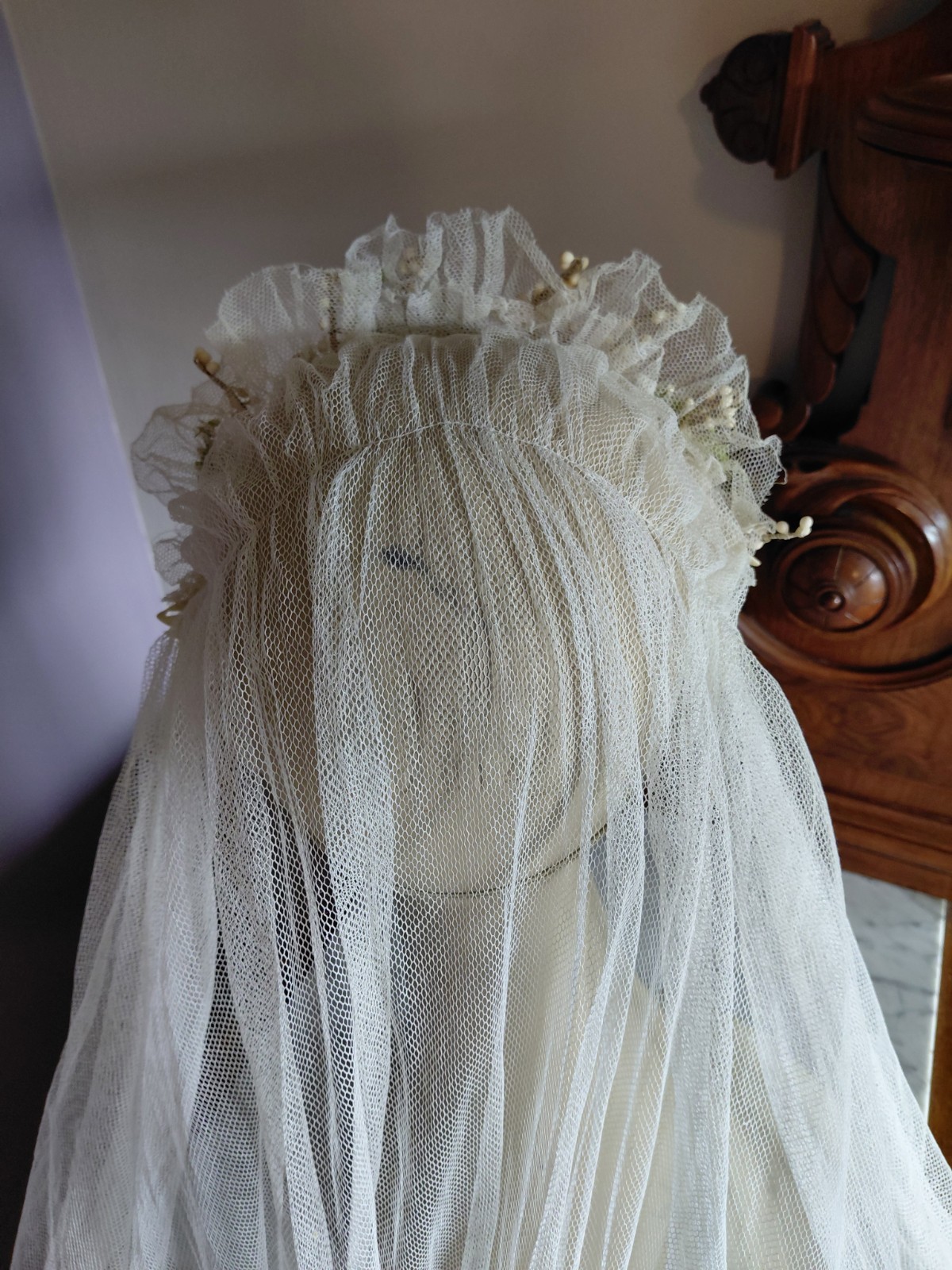 Antique Vintage 1920’s Wedding Bridal Veil Wax Orange Blossom Buds Peach Ribbons