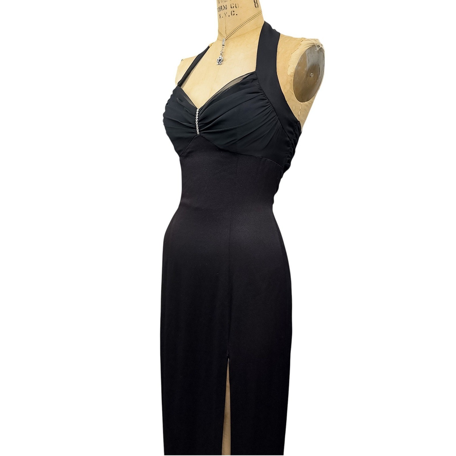 90s Black Halter Maxi Prom Dress Rhinestone Chiffon Bodice Side Slit Glam XS S
