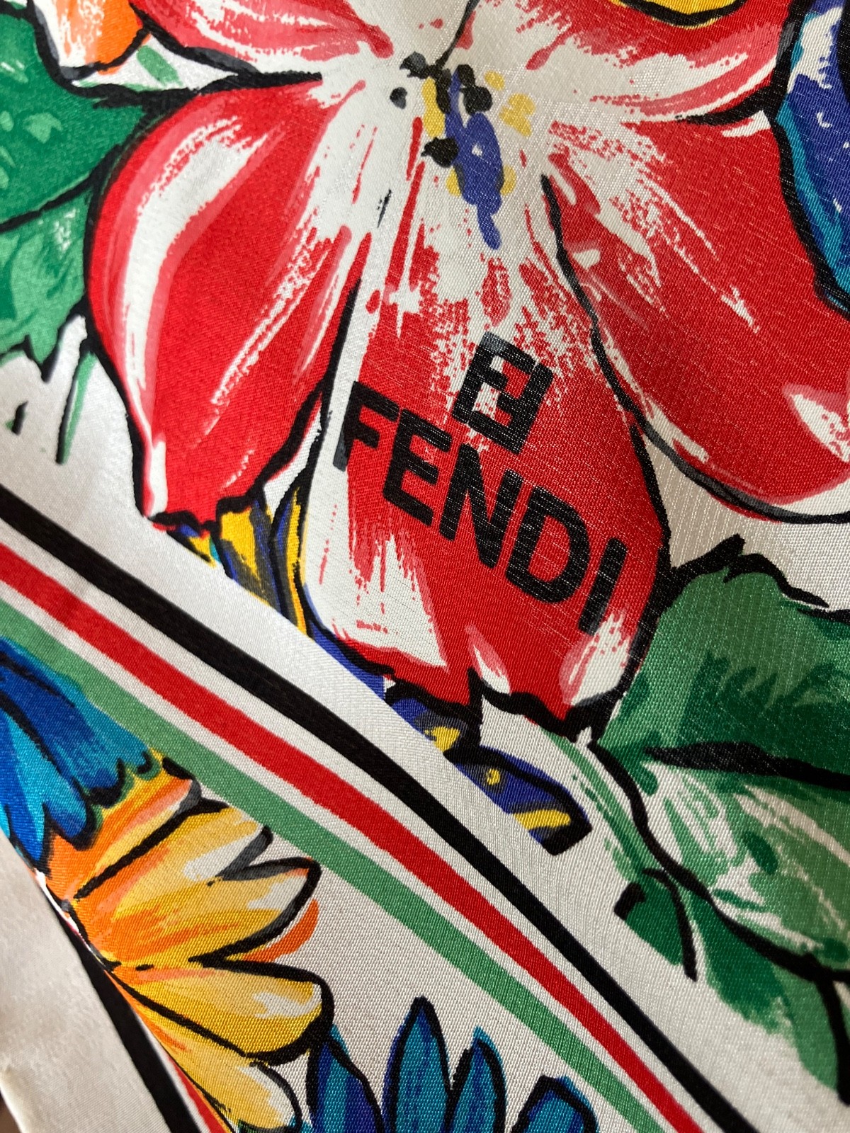 VTG AUTH FENDI FOULARD ALL SILK SCARF WHITE MULTICOLOR FLORAL GUC A FEW SNAGS