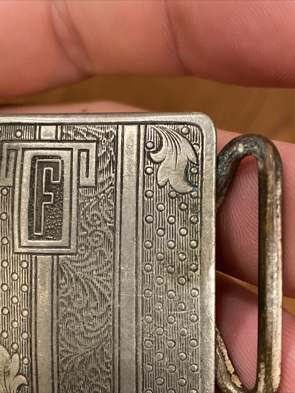 Antique SILVER PLATED PATD BELT BUCKLE LEAF MOTIF Fine Details Art Deco Mono F