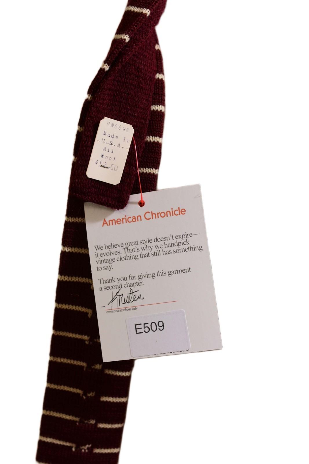 70s Vintage Wool Skinny Square Necktie Burgundy Ivory Horizontal Striped Mod