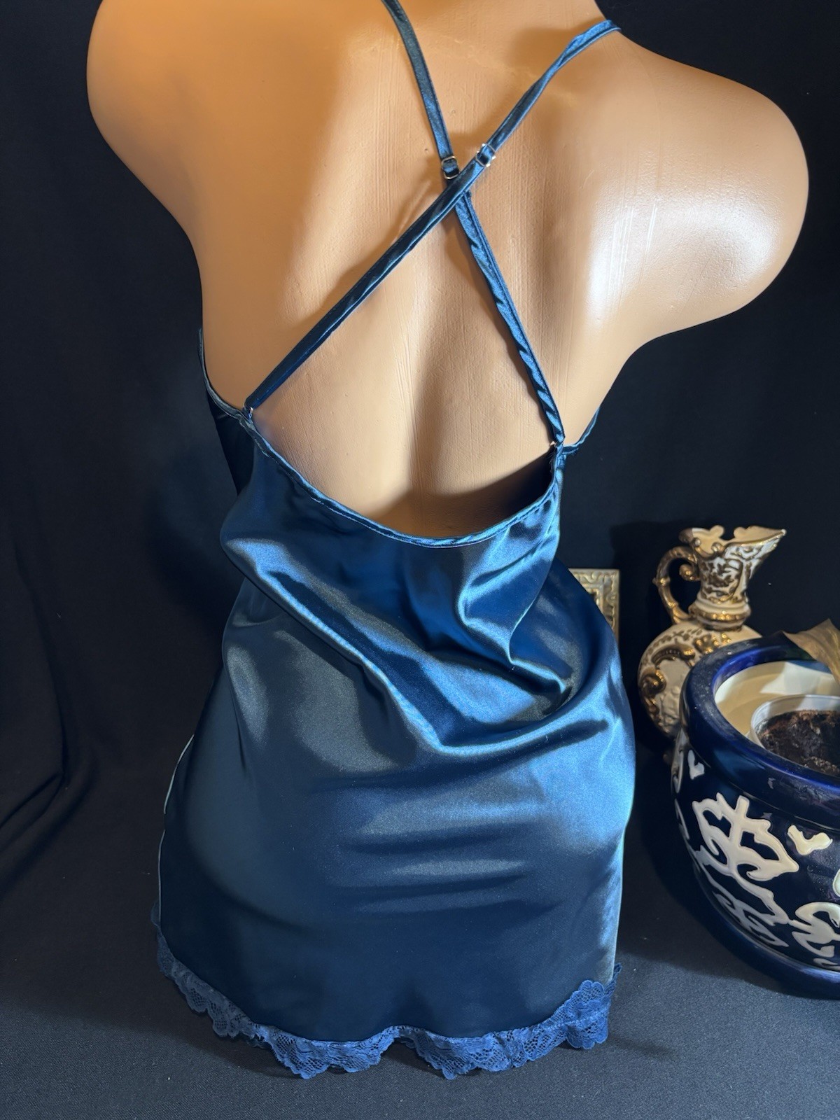 Vtg Satin Shiny Blue Nightie Gown Dress Sexy Frilly Lace Nightgown Babydoll 40″