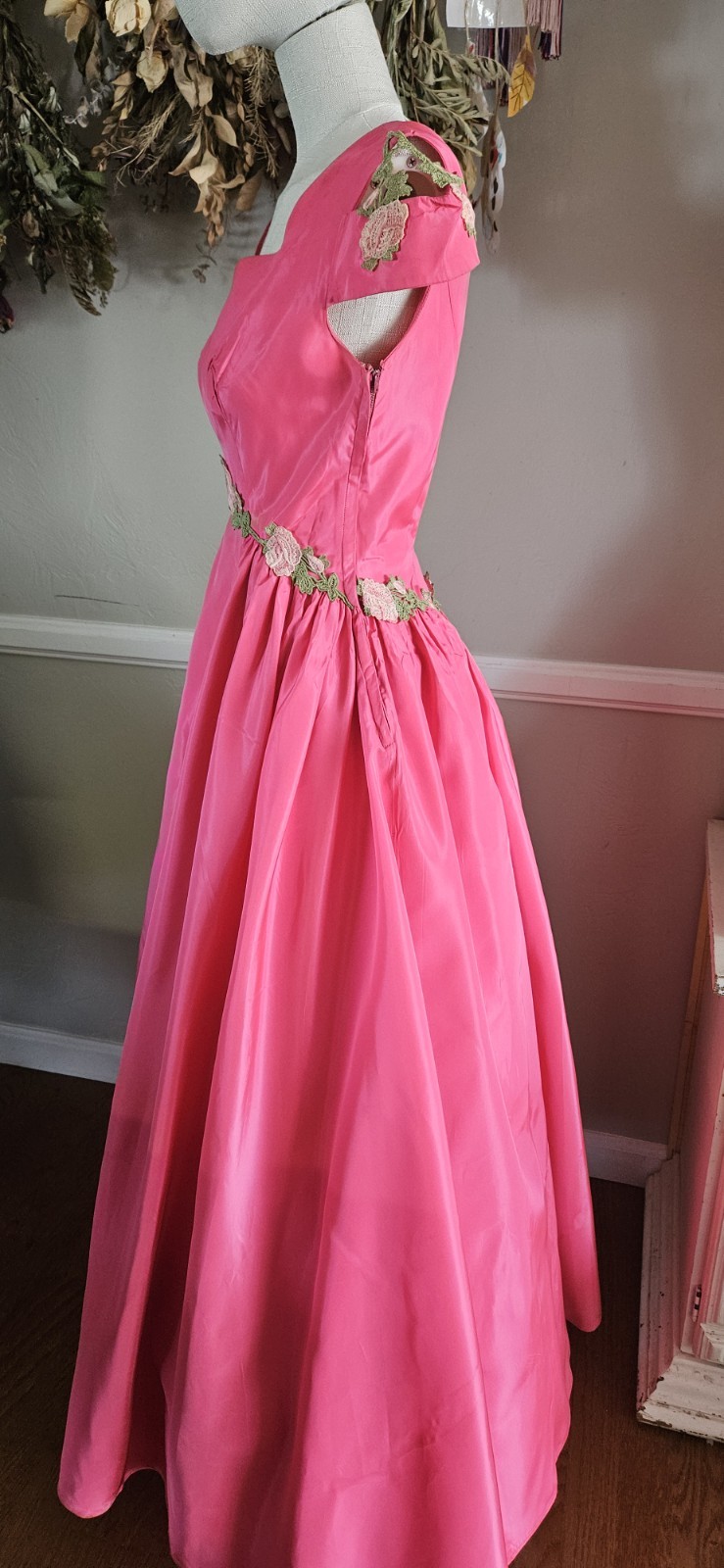 Vintage 1950s Custom Made Ballgown With Floral Accents And Open Shoulders…