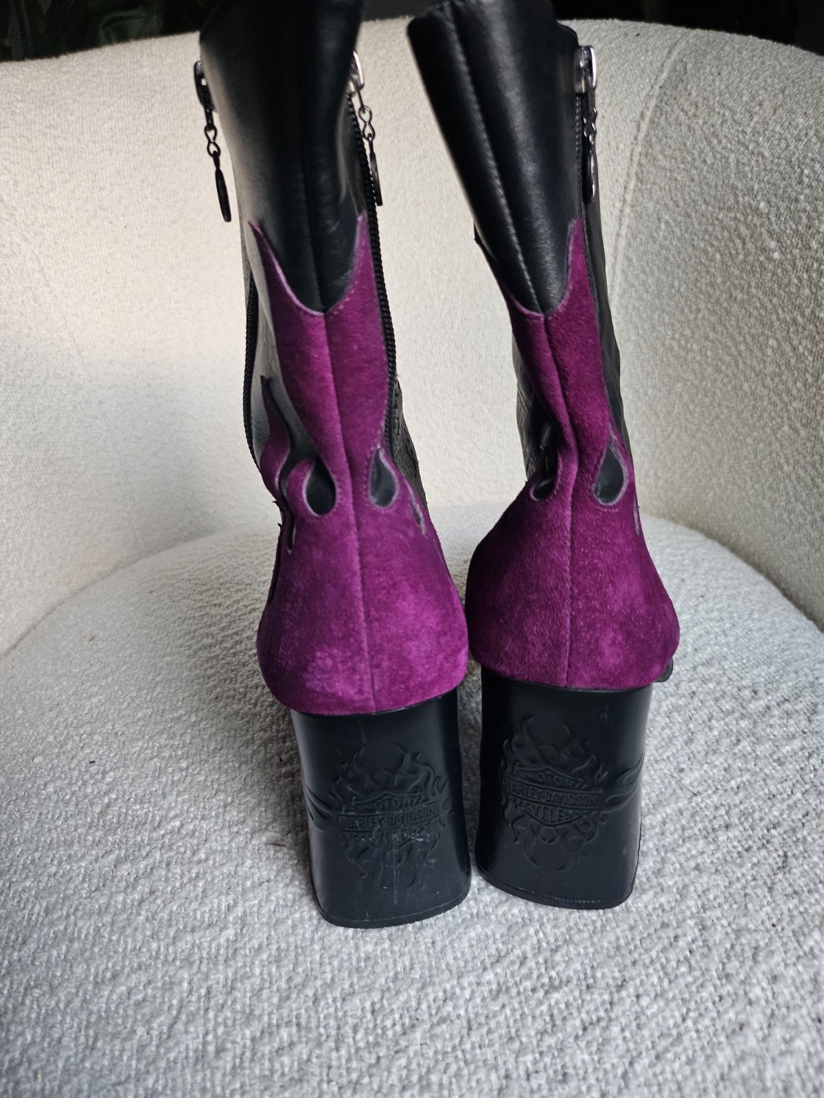 Harley-Davidson Black/Purple Leather Mid-Calf Biker Boots Zip, Women’s 9.5