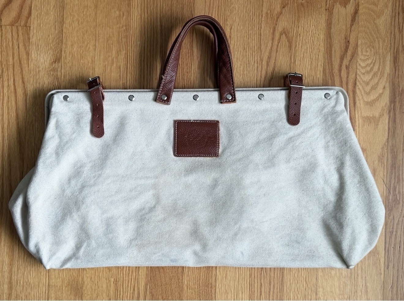 Canvas Leather Box Style Bag Beige Brown Large Handles Vintage Shoulder Tote