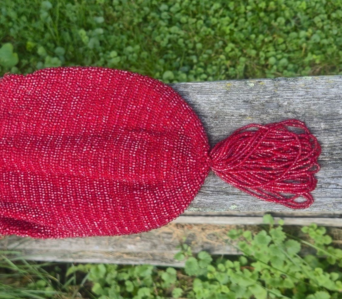 Antique Red Beaded Pouch Purse Ornate Brass Filigree Kiss Lock Reticule Tassel B