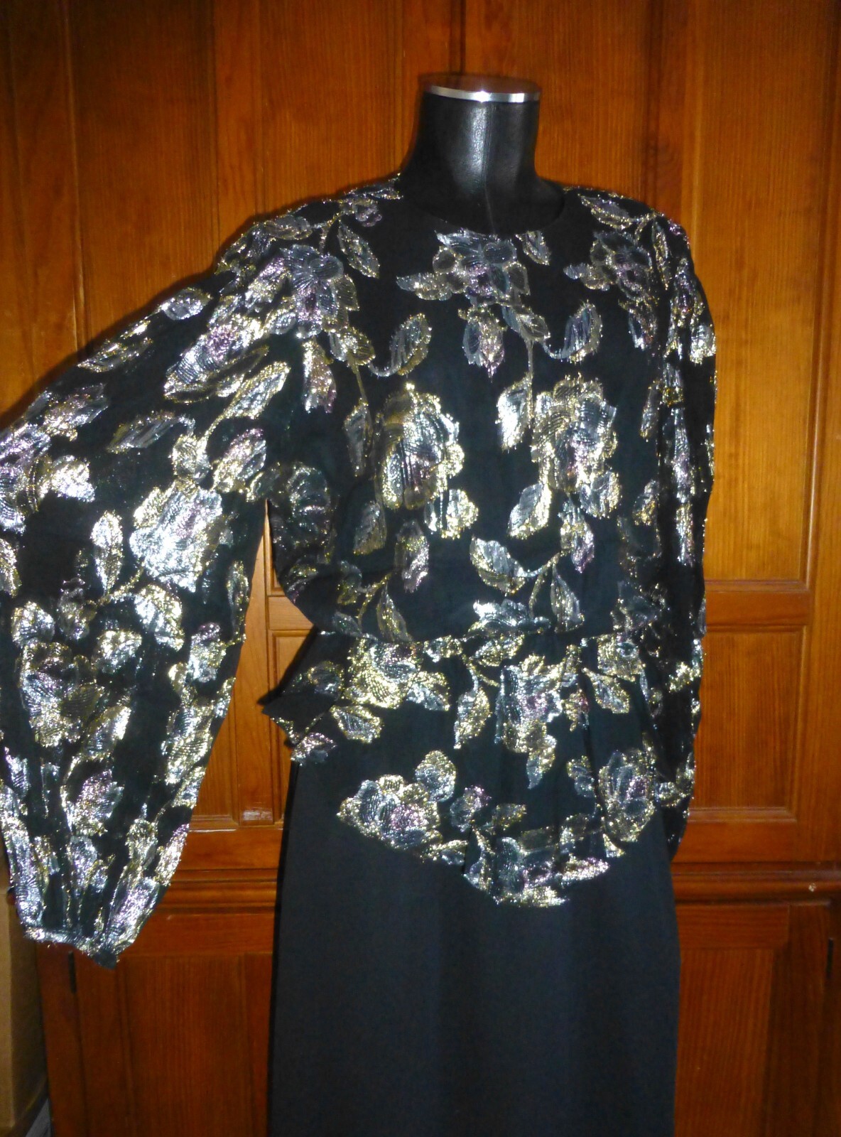 Vtg 80s METALLIC Lurex Lame Burnout Chiffon Balloon Slv Peplum Evening DRESS L